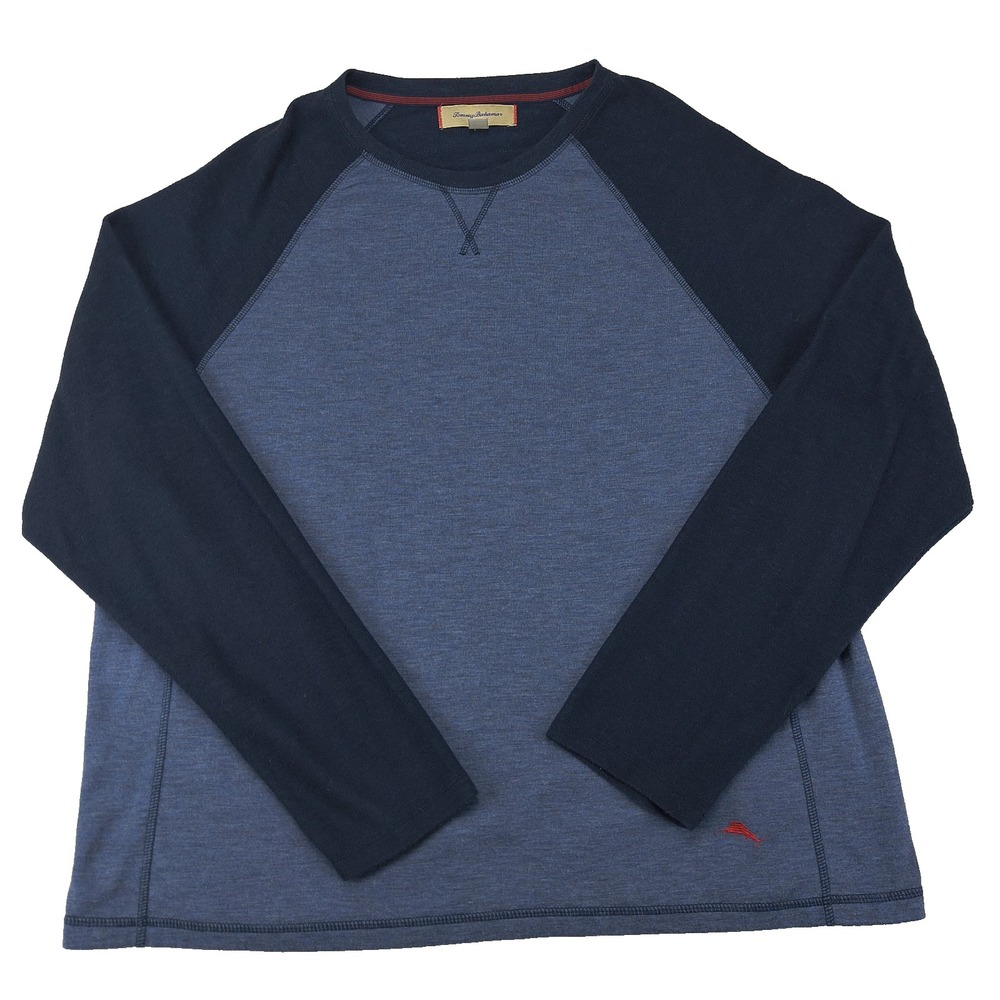 Tommy Bahama Mens XXL Blue‎ Raglan Long Sleeve Shirt Colorblock Marlin Logo Tee